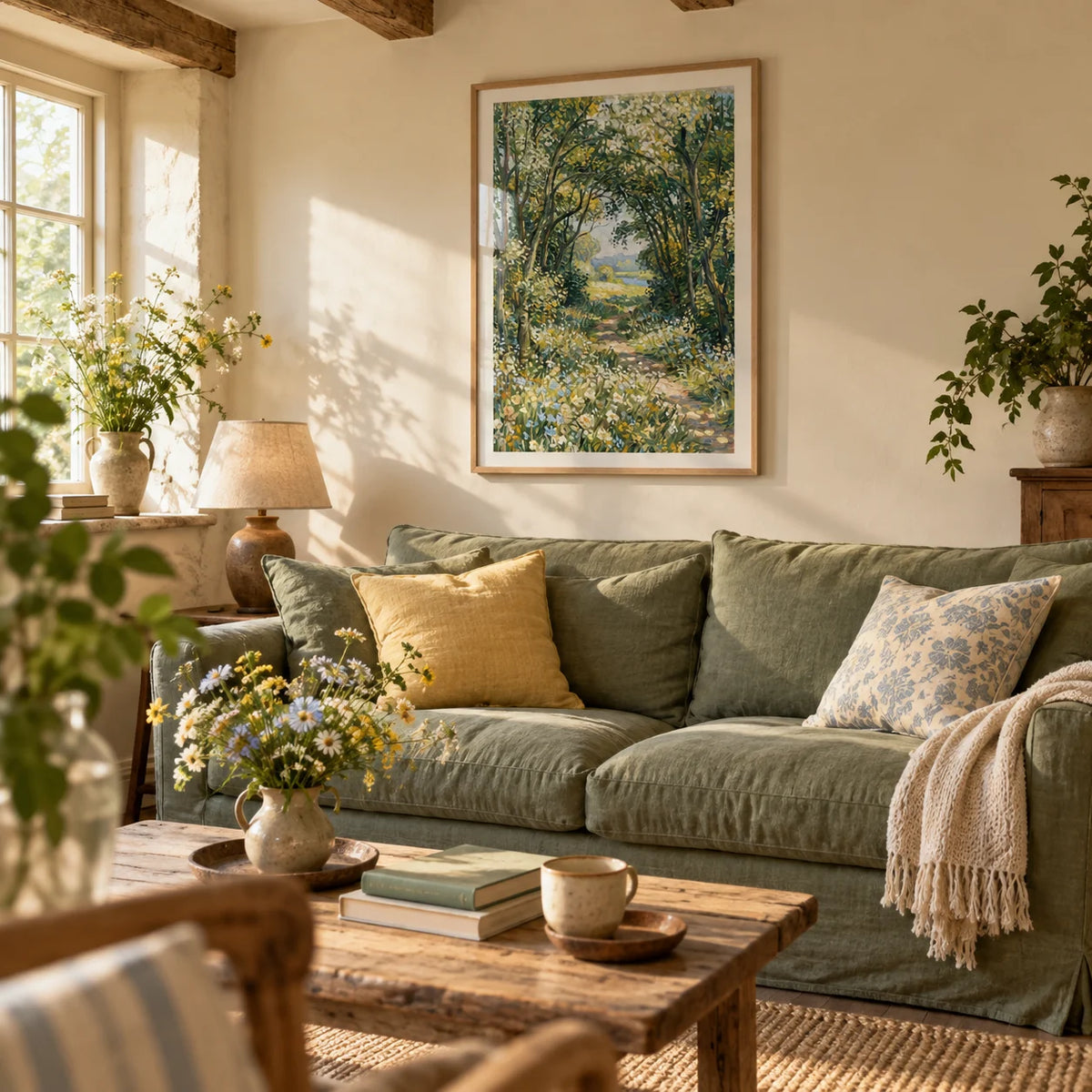 Impressionist Art Print, framed on the wall of a cosy cottage living room with a warm cream wall and low beams