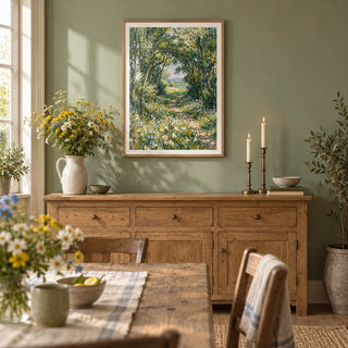 Impressionist Art Print, framed on the wall of a country dining room with a soft sage green painted wall and wide oak floorboards