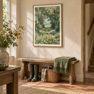 Impressionist Art Print, framed on the wall of a country hallway with a cream limewashed wall and a plain terracotta floor