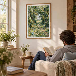Impressionist Art Print, framed on the wall of a reading nook by a window in a farmhouse with a warm white wall in a living room