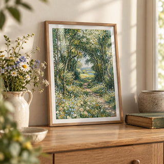 Impressionist Art Print, a small A4 framed print leaning on an oak dresser shelf in a living room