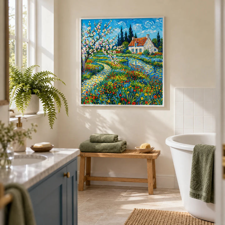 Impressionist Garden Poster, framed on the wall of a light garden-inspired bathroom in a UK family home with pale cream walls