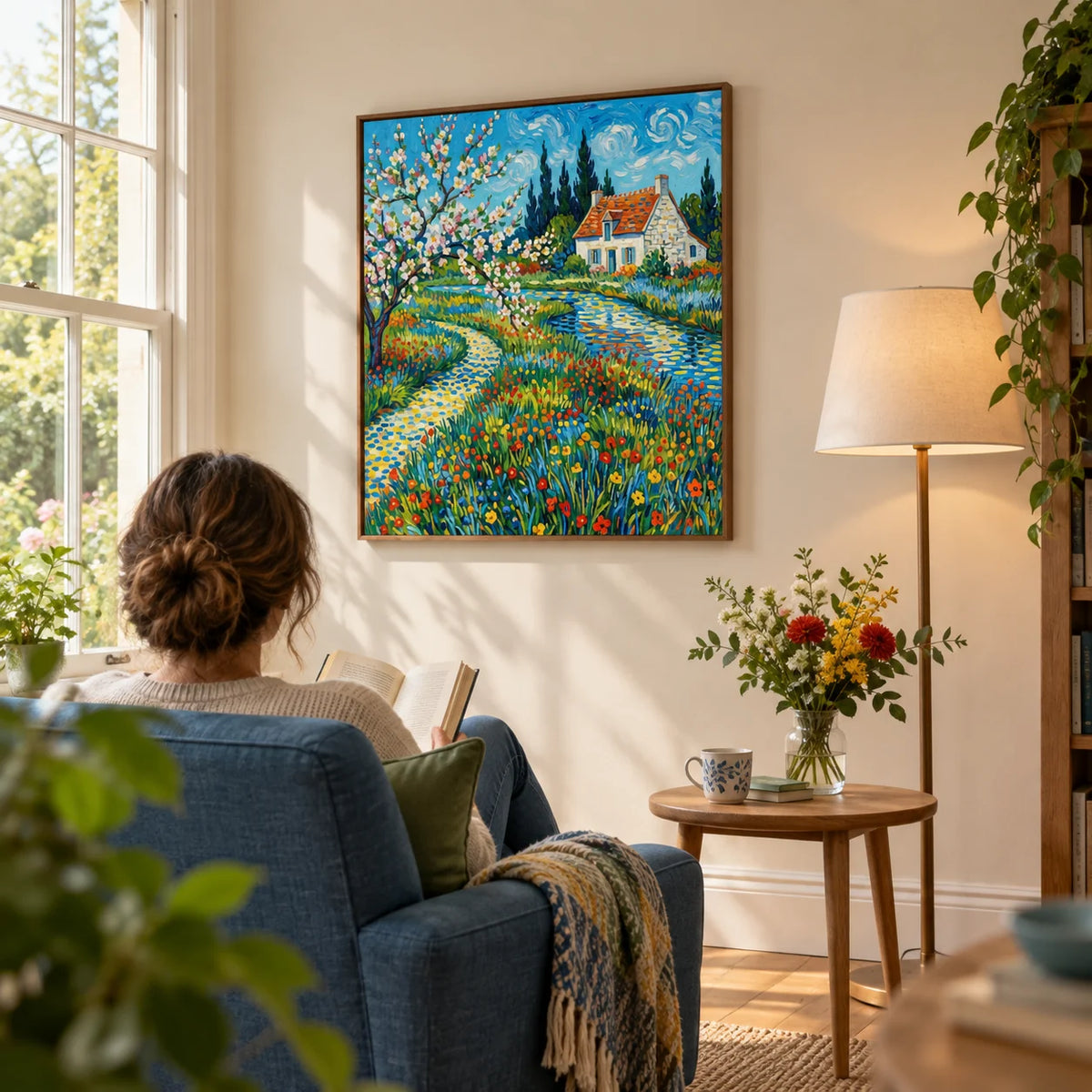 Impressionist Garden Poster, framed on the wall of a quiet reading corner in a garden-facing UK home with a pale cream wall in a living room