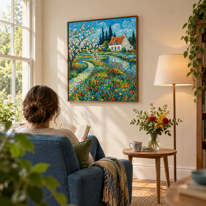 Impressionist Garden Poster, framed on the wall of a quiet reading corner in a garden-facing UK home with a pale cream wall in a living room