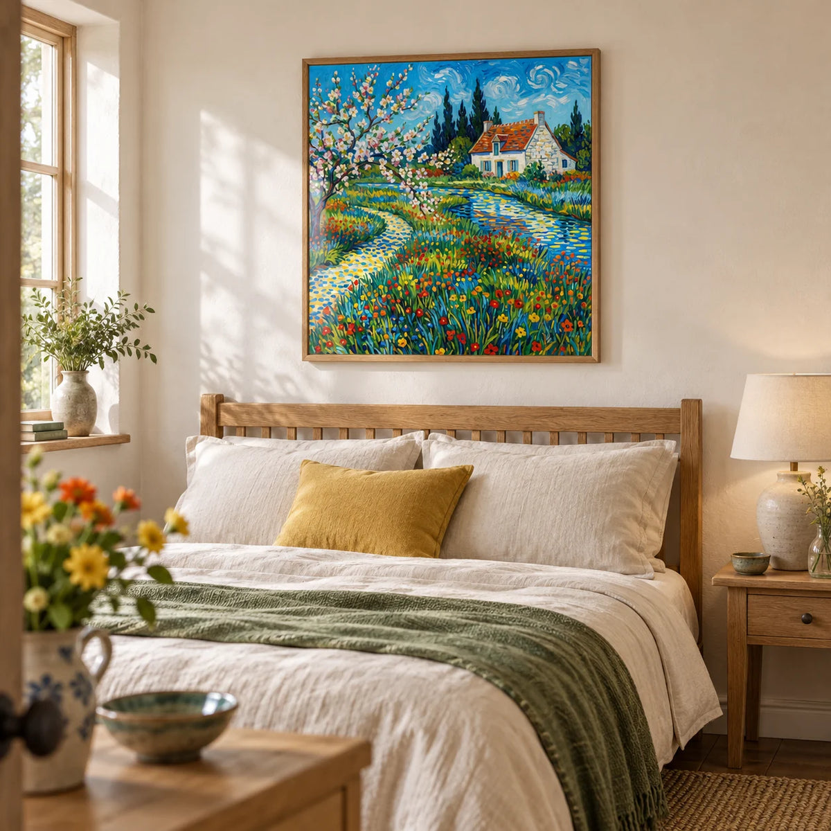 Impressionist Garden Poster, framed on the wall of a relaxed bedroom in a British cottage with warm white plaster walls and natural oak furniture