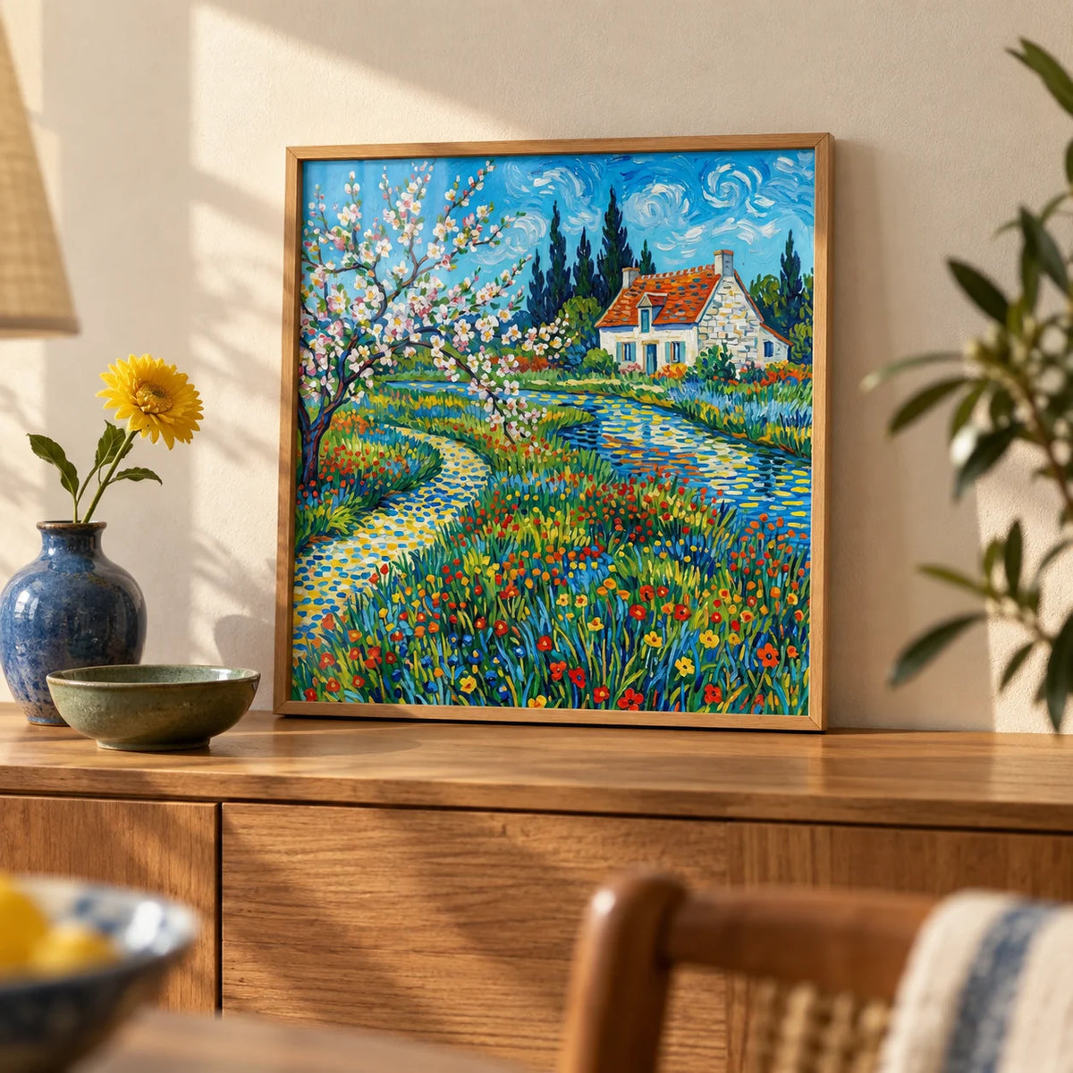 Impressionist Garden Poster, a small A4 framed print leaning on an oak sideboard in a living room