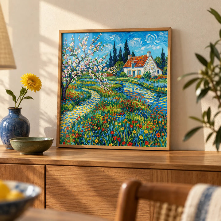Impressionist Garden Poster, a small A4 framed print leaning on an oak sideboard in a living room