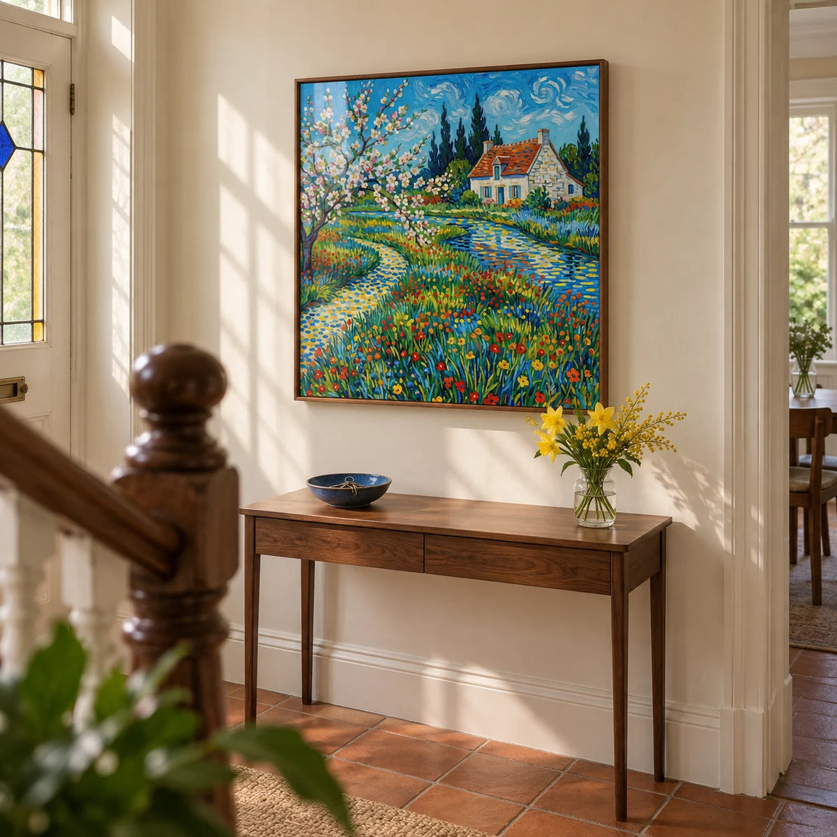 Impressionist Garden Poster, framed on the wall of a welcoming hallway in an Edwardian semi with ivory walls and plain terracotta floor tiles