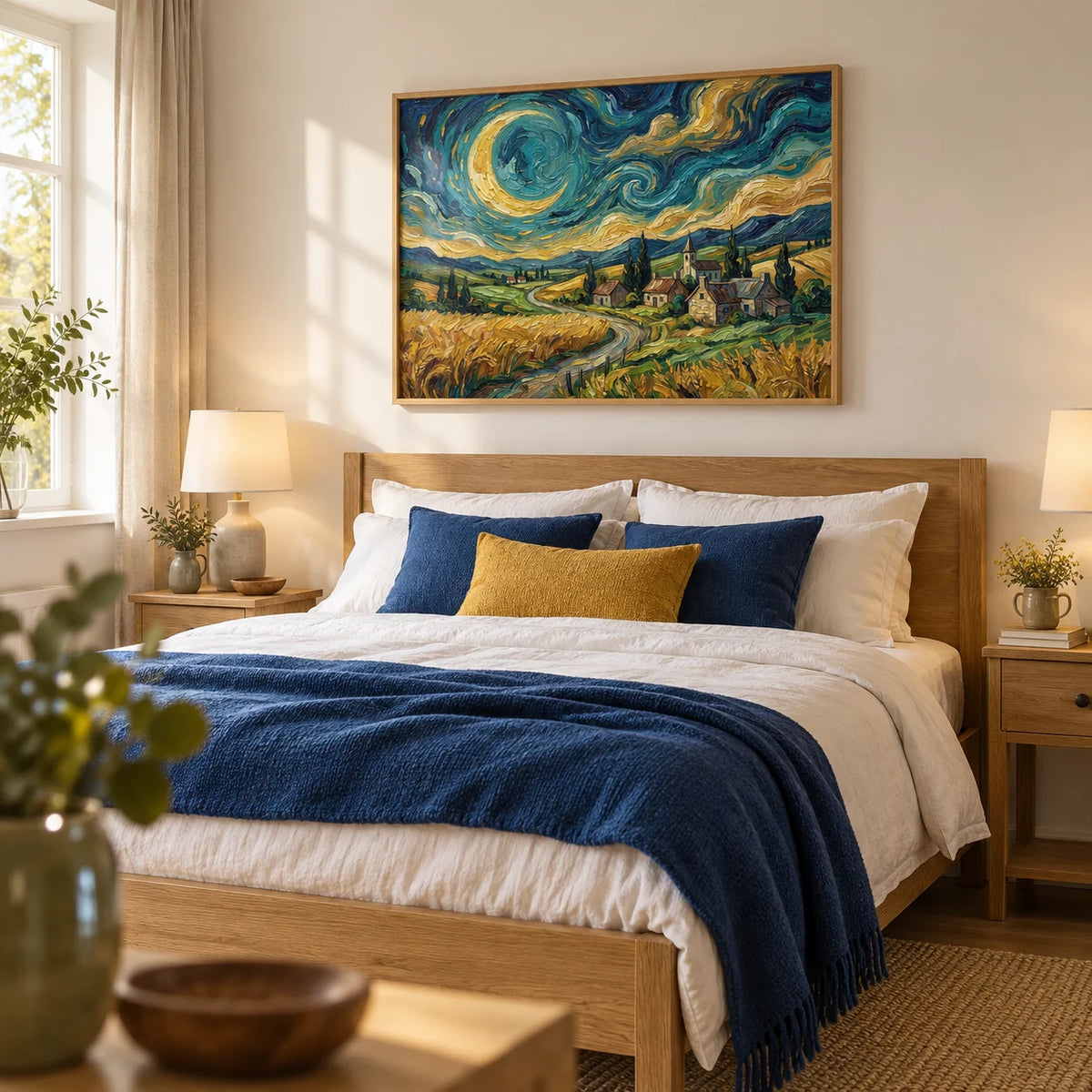 Impressionist Home Decor, framed on the wall of a calm country bedroom with a warm white wall