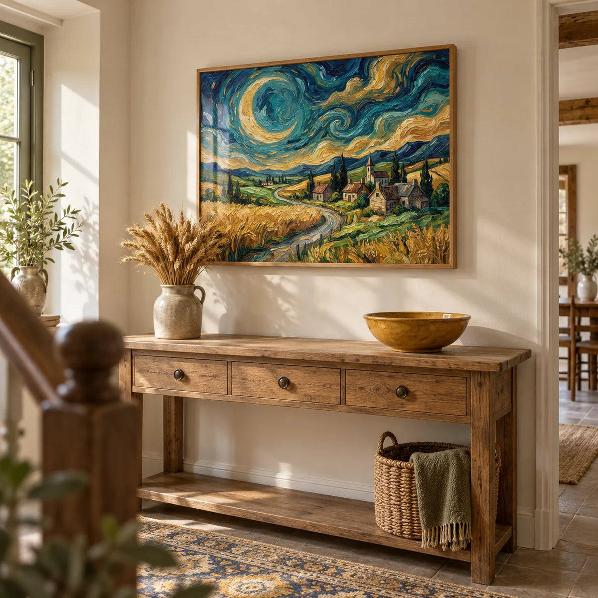 Impressionist Home Decor, framed on the wall of a country hallway with a cream wall