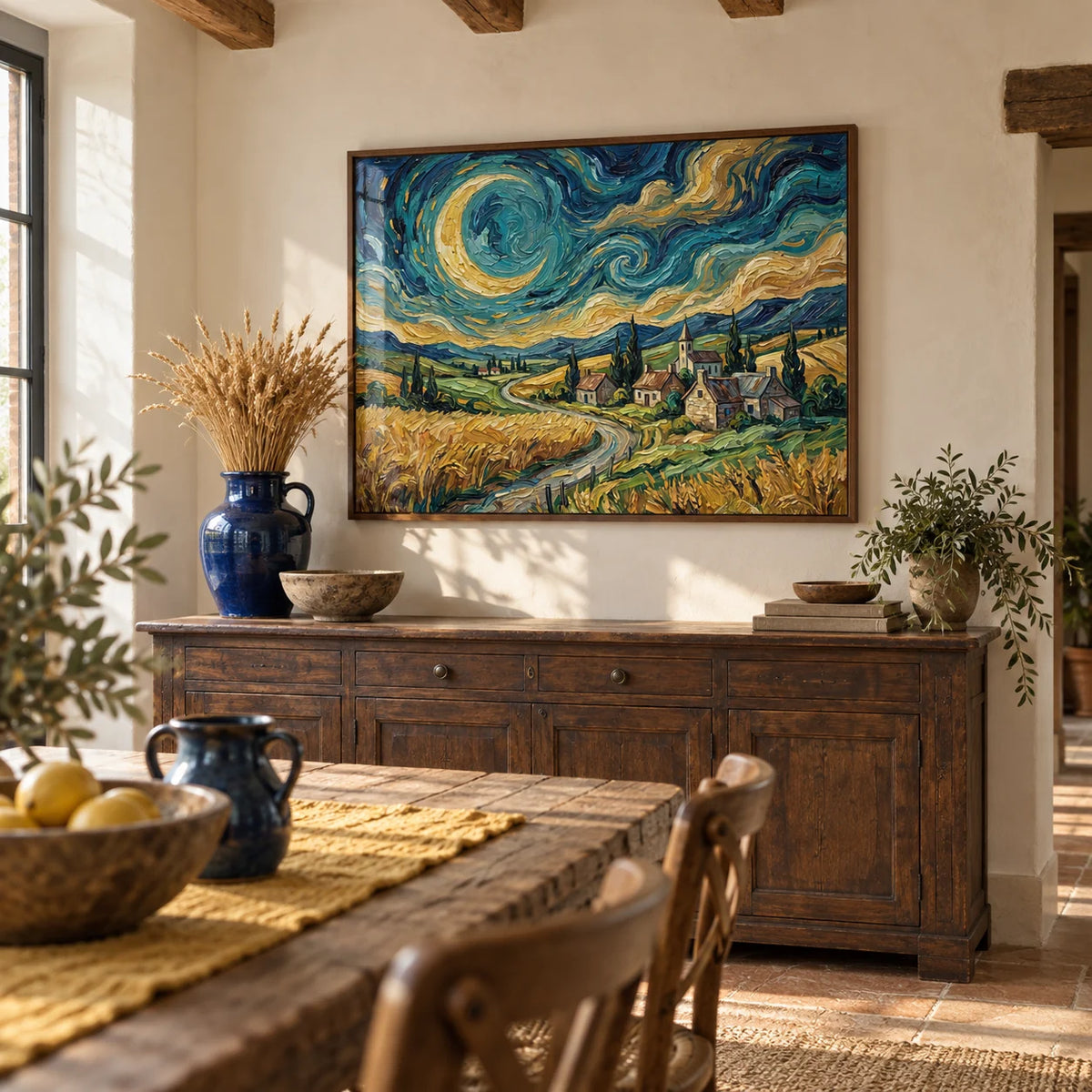 Impressionist Home Decor, framed on the wall of a rustic dining room with a soft cream wall and exposed beams