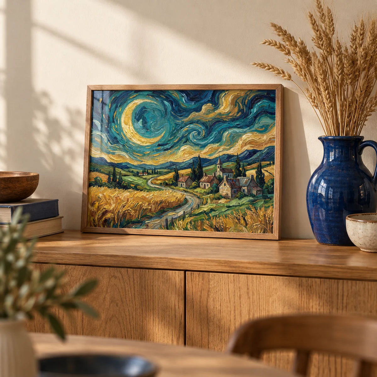 Impressionist Home Decor, a small A4 framed print leaning on an oak sideboard in a living room