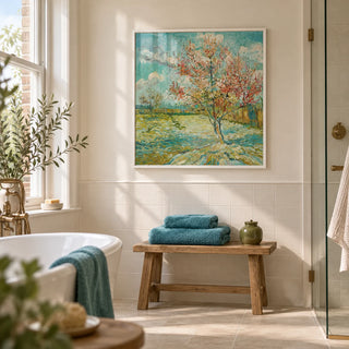 Impressionist Wall Art, framed on the wall of a bright bathroom in a renovated UK terrace with a cream painted upper wall and plain ivory tiles below