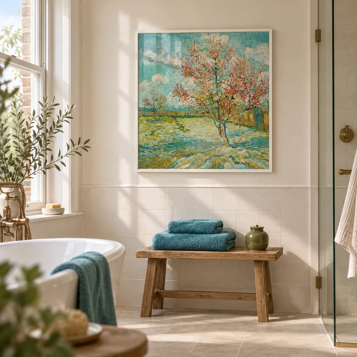 Impressionist Wall Art, framed on the wall of a bright bathroom in a renovated UK terrace with a cream painted upper wall and plain ivory tiles below