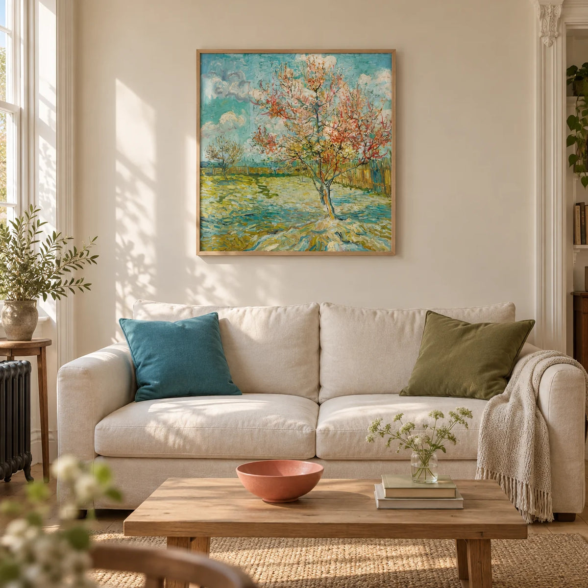 Impressionist Wall Art, framed on the wall of a calm living room in a Victorian terrace with warm ivory plaster walls and a pale oak floor