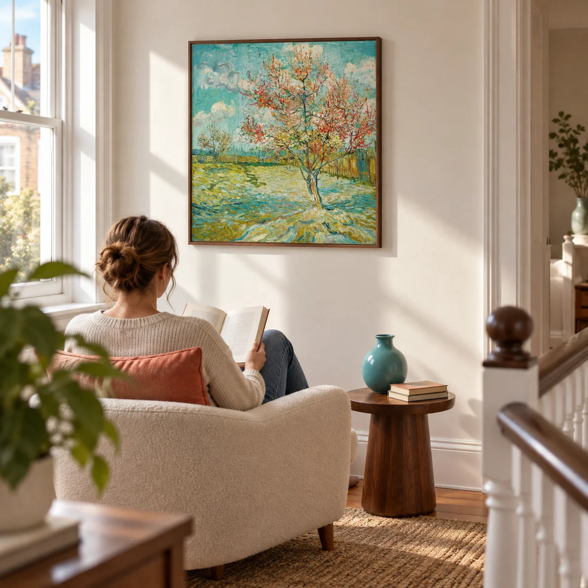 Impressionist Wall Art, framed on the wall of a light-filled reading corner on a spacious terraced-house landing with an ivory wall in a living room