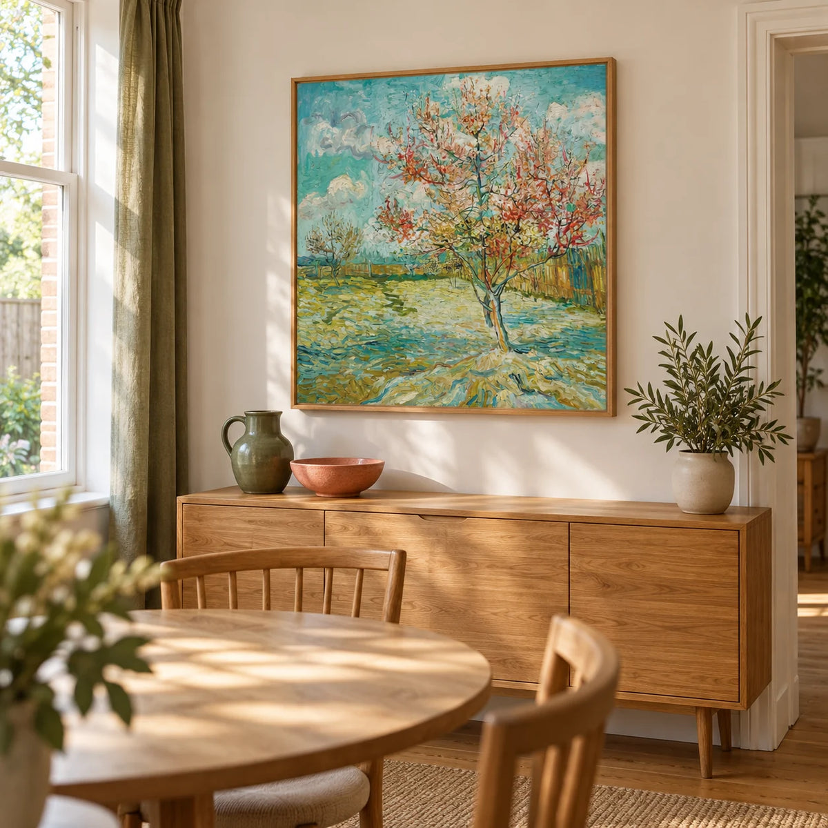 Impressionist Wall Art, framed on the wall of a relaxed garden-facing dining room in a UK semi-detached home with warm white walls and oak floorboards