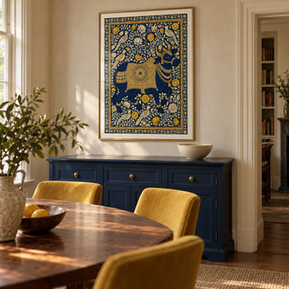 Indian Art Print, framed on the wall of a characterful dining room in a British townhouse with pale warm plaster walls and a deep navy painted sideboard