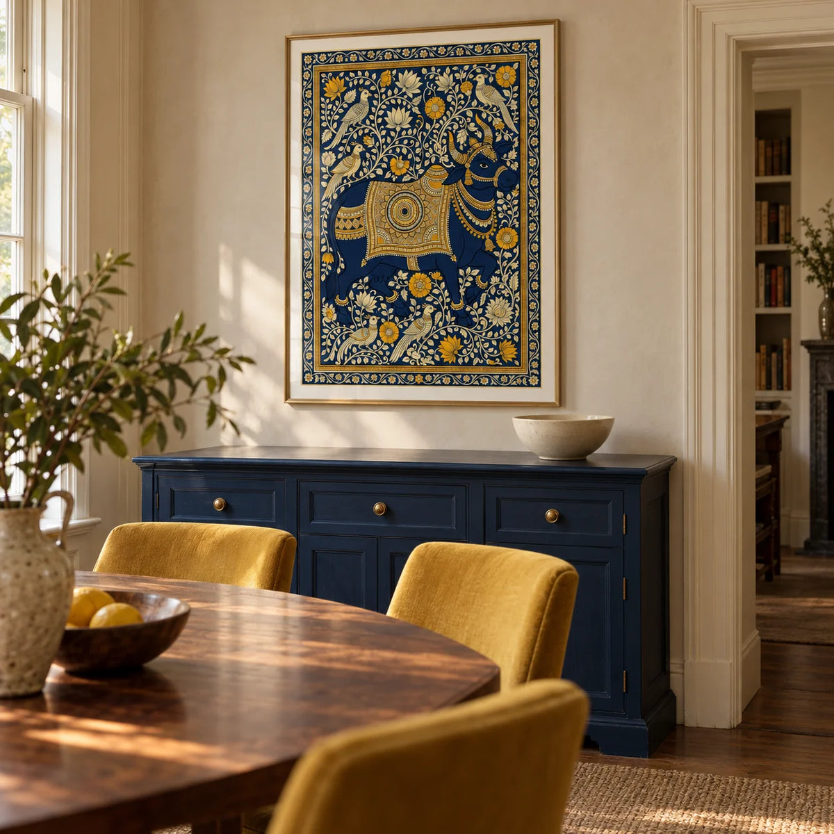 Indian Art Print, framed on the wall of a characterful dining room in a British townhouse with pale warm plaster walls and a deep navy painted sideboard