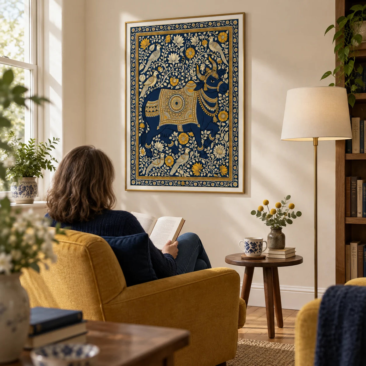 Indian Art Print, framed on the wall of a quiet reading corner in a mature art lover's UK home with a cream wall and an oak floor in a living room