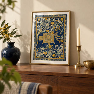 Indian Art Print, a small A4 framed print leaning on a walnut sideboard in a living room