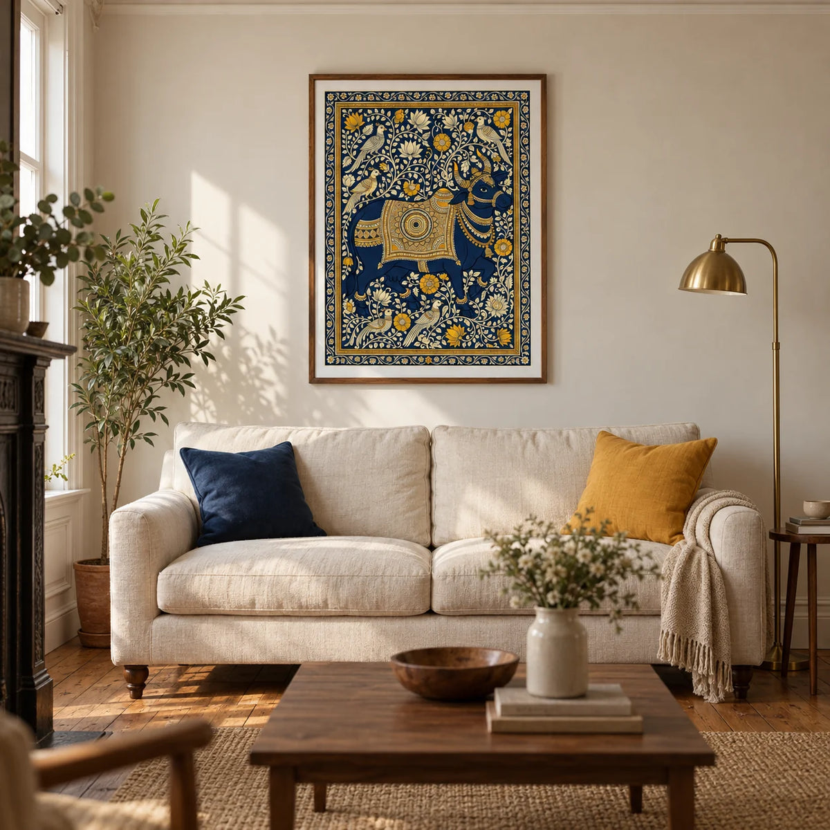 Indian Art Print, framed on the wall of a warm living room in a UK Victorian terrace with cream plaster walls