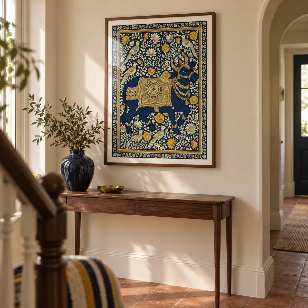 Indian Art Print, framed on the wall of a welcoming hallway in a renovated UK terrace with a softly arched doorway