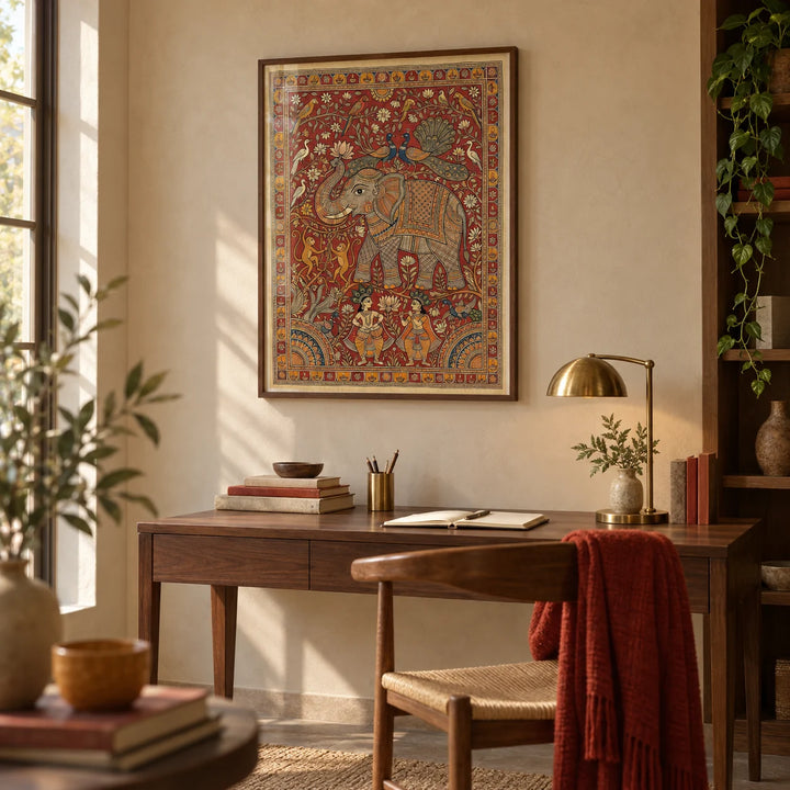 Indian Elephant Art Print, framed on the wall of a calm study with warm plaster walls