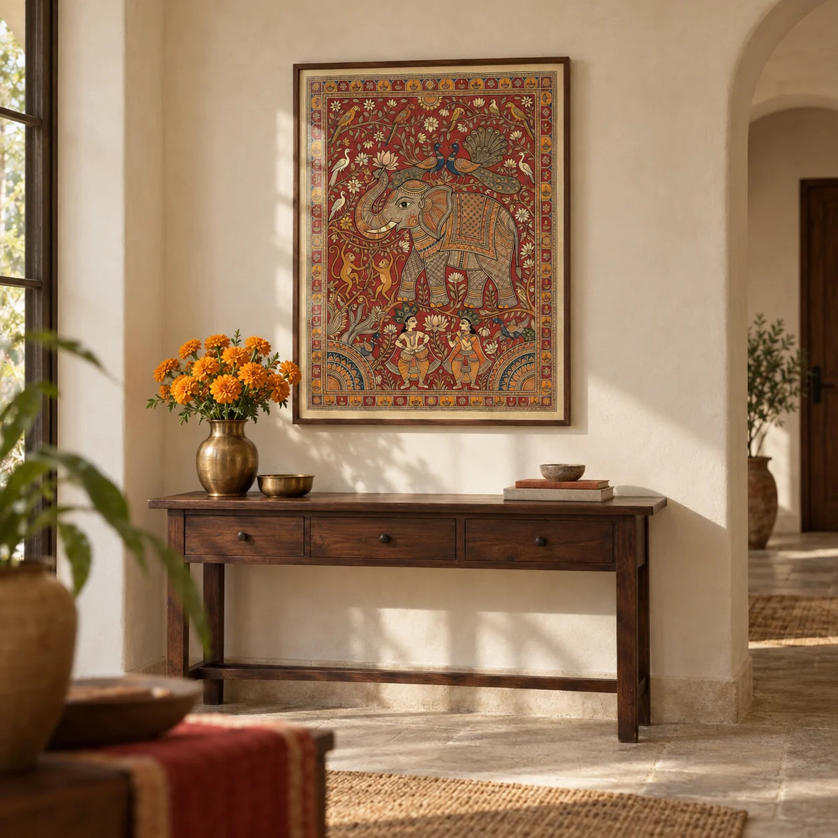 Indian Elephant Art Print, framed on the wall of an entrance hall with a cream plaster arch and a plain stone floor
