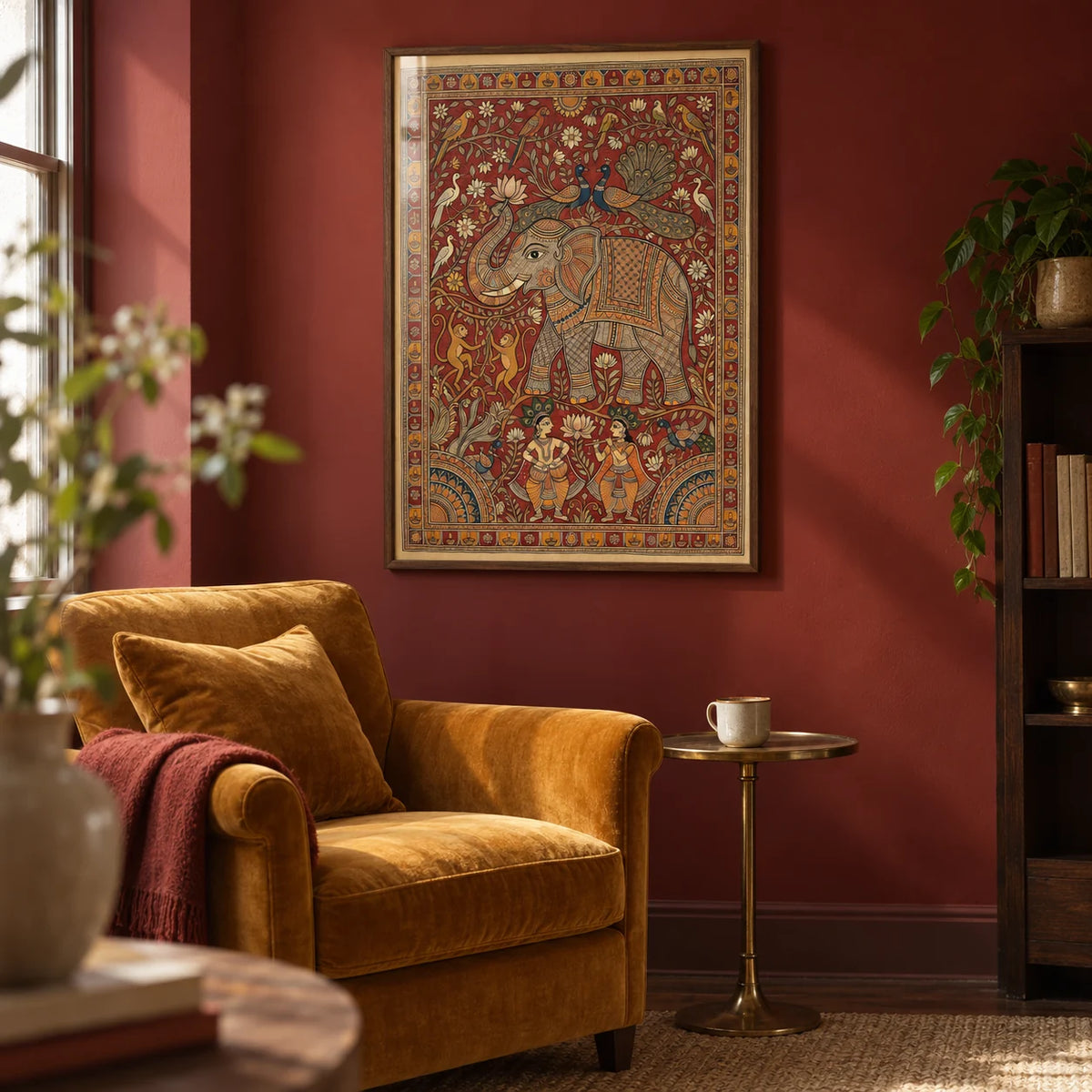 Indian Elephant Art Print, framed on the wall of a reading corner with a deep red painted wall in a living room