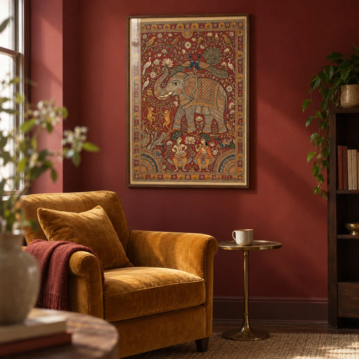 Indian Elephant Art Print, framed on the wall of a reading corner with a deep red painted wall in a living room