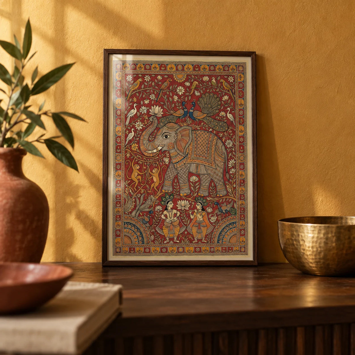 Indian Elephant Art Print, a small A4 framed print leaning on a dark wood shelf in a living room