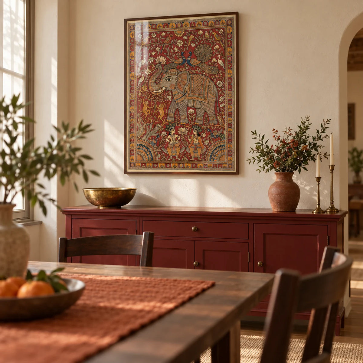 Indian Elephant Art Print, framed on the wall of a warm dining room