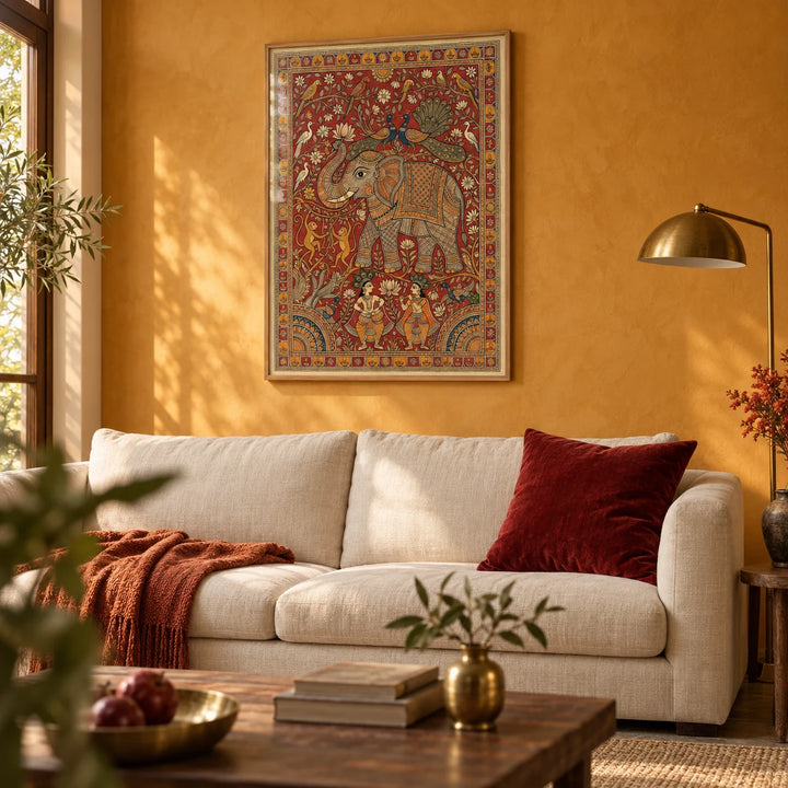 Indian Elephant Art Print, framed on the wall of a warm Indian-modern living room with a saffron limewashed wall