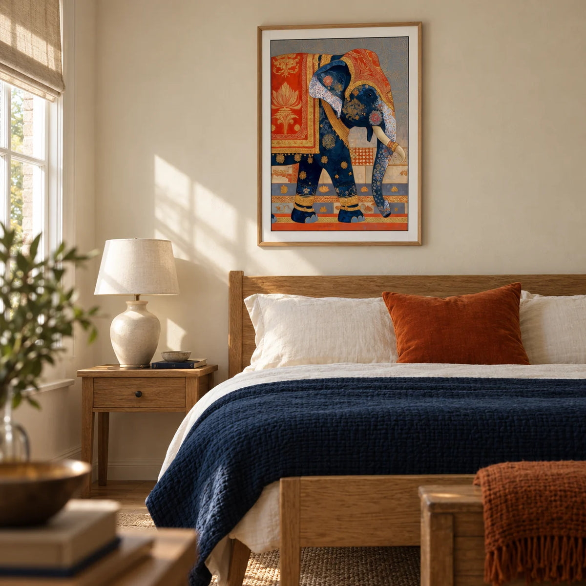 Indian Elephant Print, framed on the wall of a restful adult bedroom in a British home with pale cream plaster walls