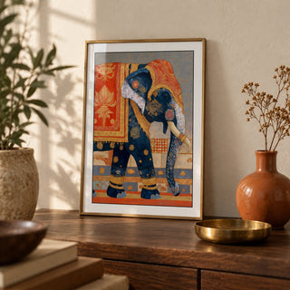 Indian Elephant Print, a small A4 framed print leaning on a dark walnut shelf in a living room