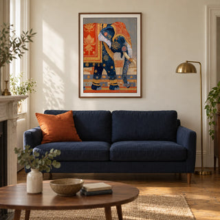 Indian Elephant Print, framed on the wall of a warm living room in a UK Victorian terrace with cream plaster walls and oak floorboards