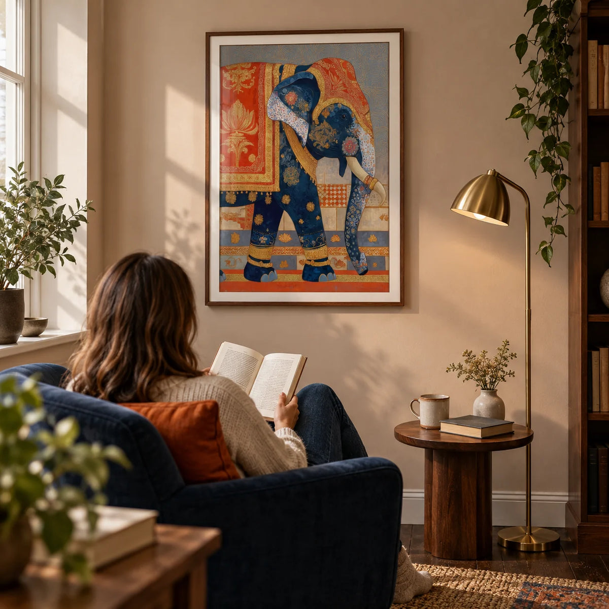 Indian Elephant Print, framed on the wall of a warm reading corner in a UK flat with a pale clay wall and dark oak floorboards in a living room