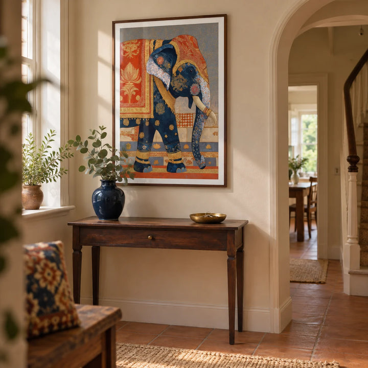 Indian Elephant Print, framed on the wall of a welcoming hallway in a UK terraced house with warm cream walls and a plain terracotta floor