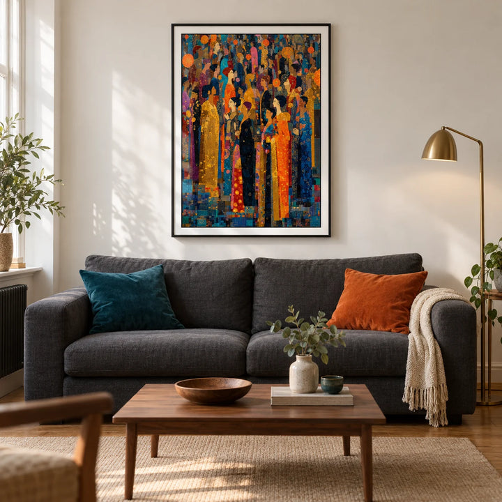 Indian Festival Art, framed on the wall of a contemporary living room in a British terraced home with warm white plaster walls and oak floorboards