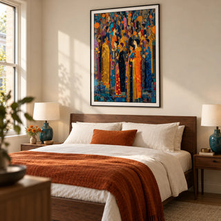 Indian Festival Art, framed on the wall of a contemporary main bedroom in a UK townhouse with warm off-white walls