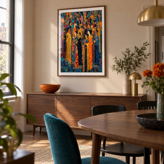 Indian Festival Art, framed on the wall of a design-led dining room in a UK city flat with pale clay walls