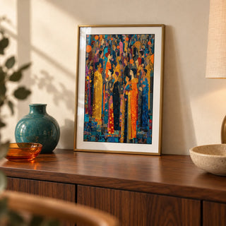 Indian Festival Art, a small A4 framed print leaning on a walnut side table in a hallway