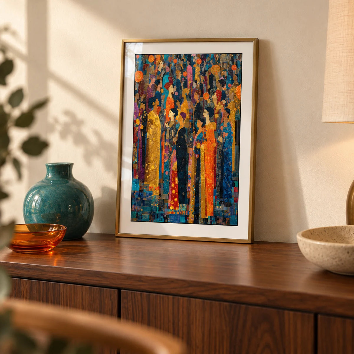 Indian Festival Art, a small A4 framed print leaning on a walnut side table in a hallway