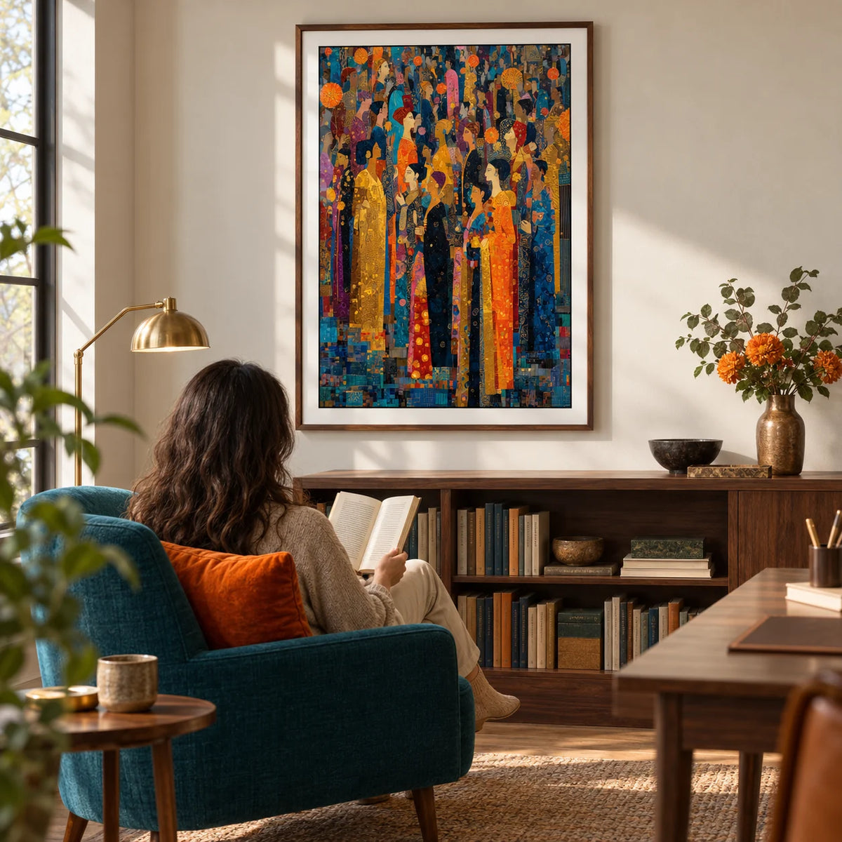 Indian Festival Art, framed on the wall of a warm contemporary home study with an ivory wall and a walnut writing desk