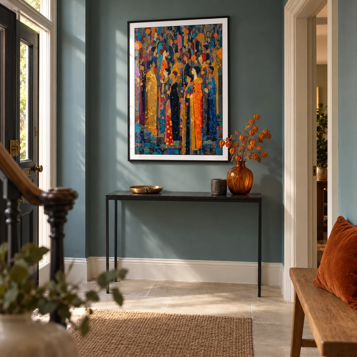 Indian Festival Art, framed on the wall of a welcoming hallway in a renovated British terrace with a muted teal wall and pale stone floor