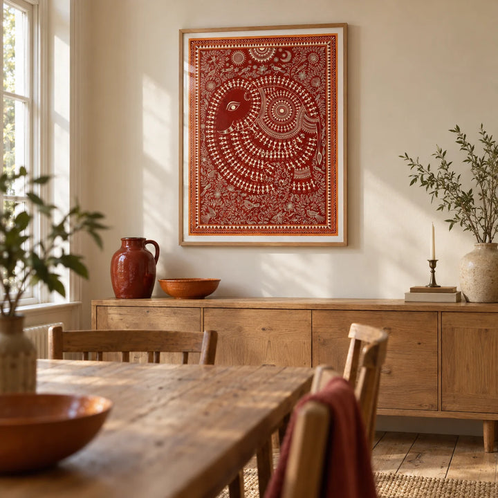 Indian Folk Art Poster, framed on the wall of a characterful dining room in a UK family home with warm cream walls and simple timber floorboards