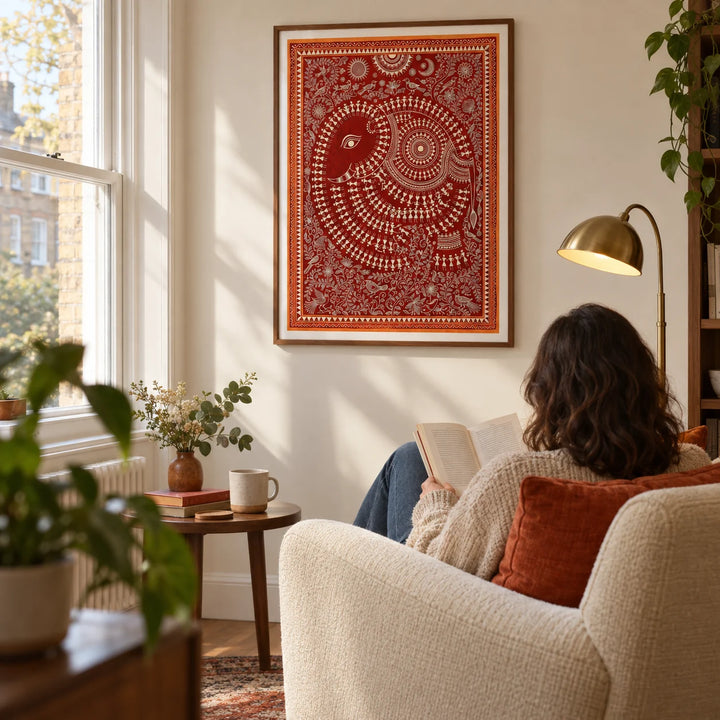 Indian Folk Art Poster, framed on the wall of a quiet reading corner in a UK flat with a warm ivory wall and a tall window in a living room