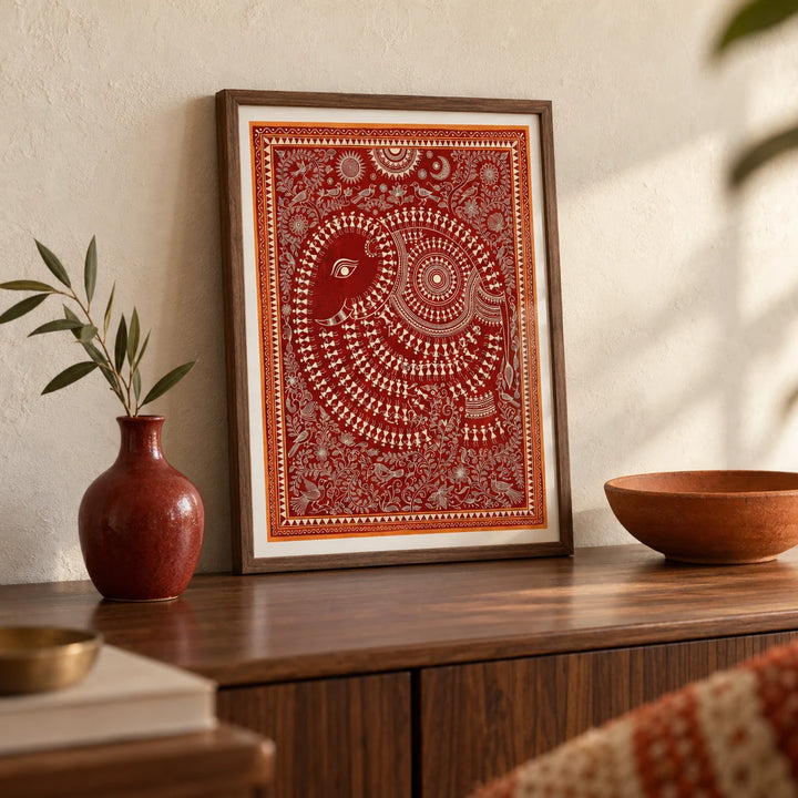 Indian Folk Art Poster, a small A4 framed print leaning on a walnut sideboard in a living room