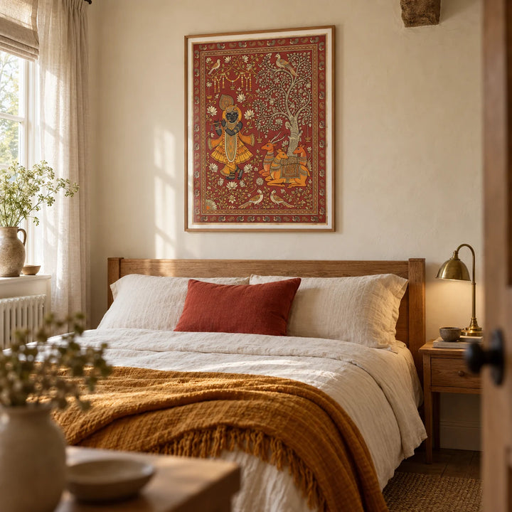 Indian Folk Art Print, framed on the wall of a restful bedroom in a UK period home with cream limewashed walls and simple wooden furniture